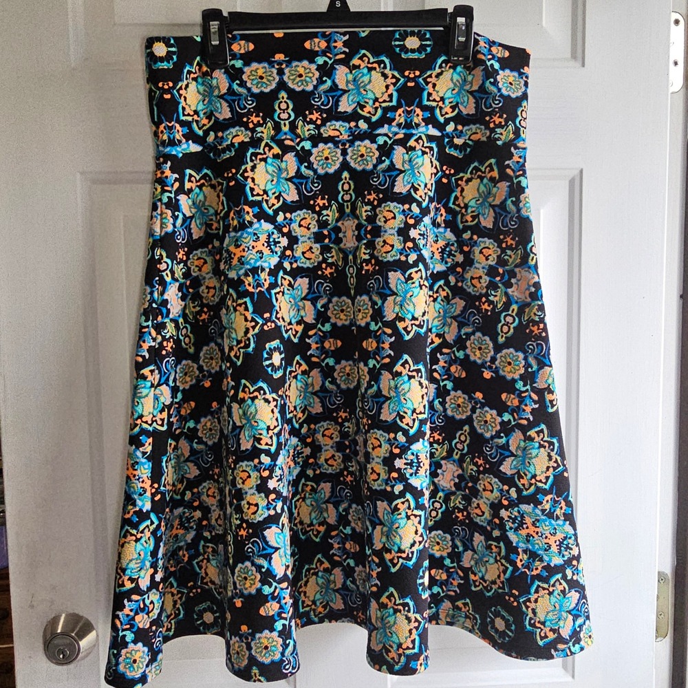 LuLaRoe Azure Skirt XL 16 18 Black Blue Orange Floral Kaleidoscope A-Line